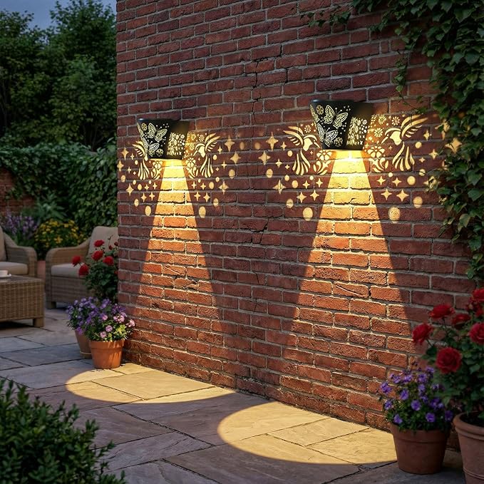 2 Pack Solar Fence Lights Outdoor Wall lihgts Decorations Metal Solar Deck Lights Waterproof LED Solar Powered Step Lights Warm White Light Decorative Lighting for Garden, Front Door, Backyard (metal)