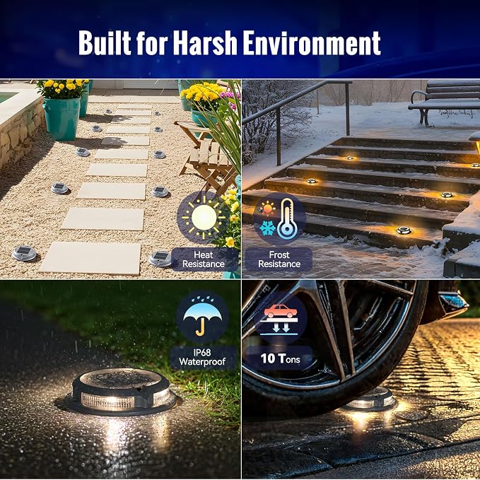 Solar Driveway Lights Outdoor 12 Pack, RGB Colors Solar Deck Dock Lights Outdoor Waterproof IP68, 3 Dynamic Light Modes Driveway Marker for Warning Stair, Boat Dock, Step, Walkway, Garden Decor