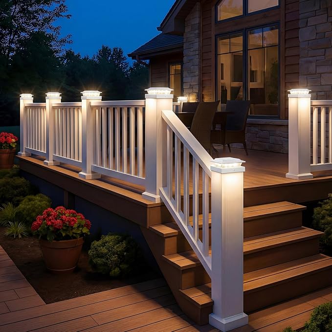 kolpop 4x4 Solar Post Cap Lights Outdoor 2Pack- 3 Color Temperatures&2 Level Brightness, IP65 Waterproof, 16 LED Fence Deck Post Light Solar Powered Only for 4×4/3.5×3.5 Wood/Vinyl Posts(White)