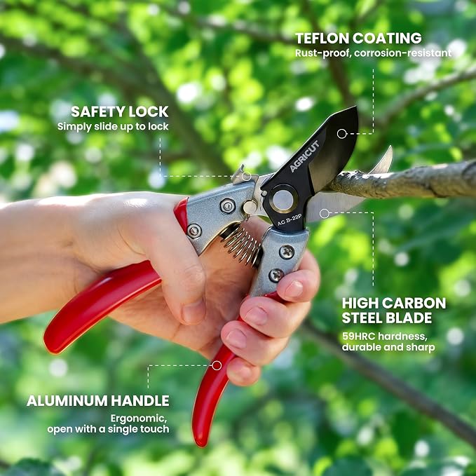 AGRICUT Pruning Shears, 7/8-Inch Cut Capacity Hand Clippers, Bypass Pruners, Gardening Scissors with Sharp Steel Blade (Aluminum Handle, High Carbon Steel PRO with Sheath)