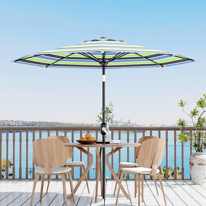 Garvee 9 ft Patio Umbrella - 8 Sturdy Ribs Outdoor Table Umbrella with Crank Lift & Push Button Tilt - Market Umbrella for Pool, Deck, Yard, Garden - Tricolor Stripe