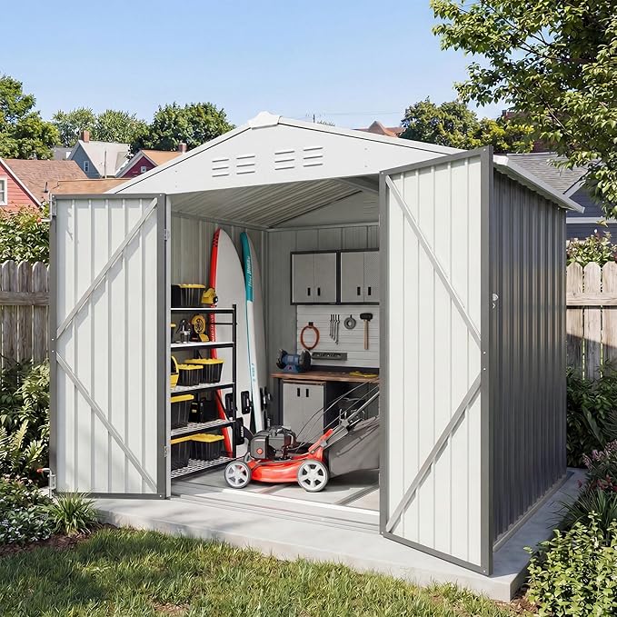 Greesum 8x6FT Outdoor Storage Shed with Base, Utility Tool Shed with Sloping Roof, Metal Storaged Garden Shed with Door & Lock for Patio Storage, Gray