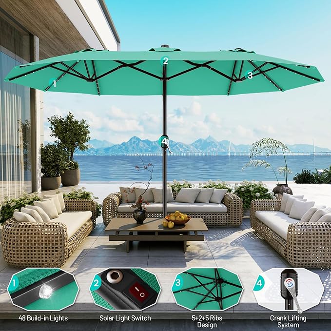 AreShark 15FT Patio Umbrella with Solar Lights, Double Sided Outdoor Table Umbrellas with Crank, Large Rectangular Market Umbrella for Porch, Lawn, Pool, Backyard, Peacock Blue