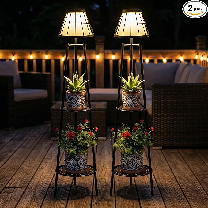 2 Pack Solar Floor Lamps Outdoor with 2-Tier Plant Stand, Metal Tall Planter Holder with Waterproof LED Lantern, Decorative Patio Light & Flower Pot Display Rack for Garden, Deck, Porch, Balcony