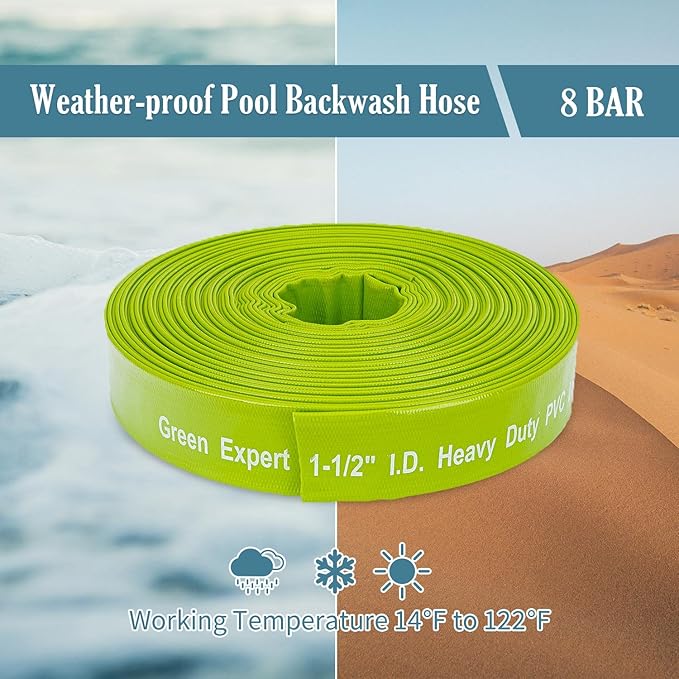 Green Expert 1-1/2" ID PVC Lay-Flat Discharge Hose, Sump Pump Accessory, 100FT Heavy-Duty Pool Backwash & Water Transfer Hose, Steel Clamp Kit Included