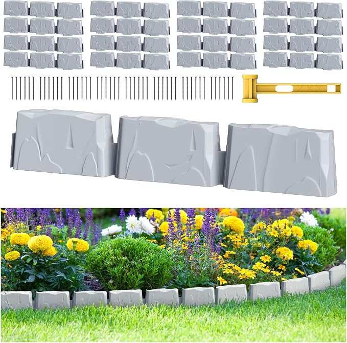 16 Pack(24FT) Landscape Edging, 48 Spikes, Flexible Plastic Border for Outdoor, Walkway, Lawn & Weed Control | 24ft L x 3in H Faux Stone Edging for Landscaping,Garden Edging Border Stone(Gray) ﻿﻿