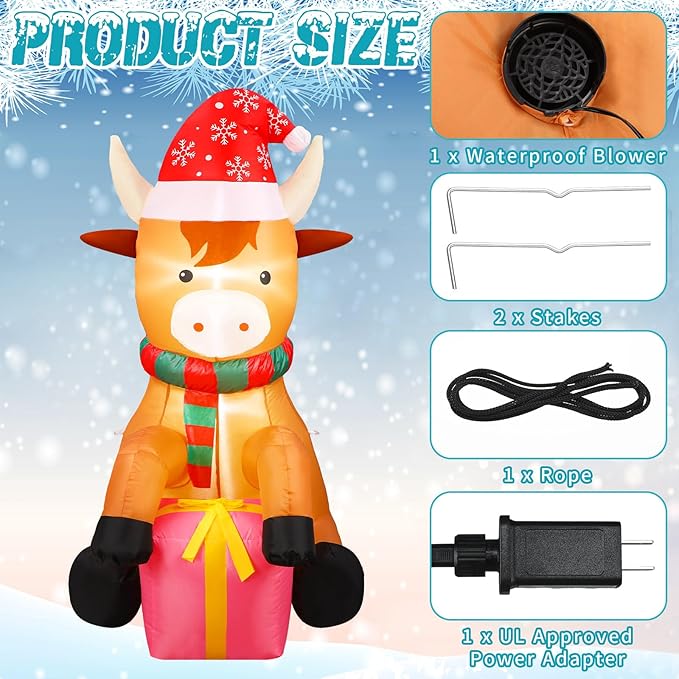 5ft Christmas Inflatables Outdoor Decoration Blow up Highland Cow Wearing Santa Hat Yard Decor with Built in Light for Outdoor Holiday Xmas Party Yard Garden Lawn