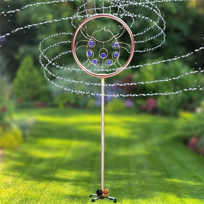 34" Tall Copper-Coated Stainless Steel Garden Sprinkler, 360° Rotating Decorative Ornamental Sprinkler for Lawn, Yard & Landscape Watering (Ladybug)