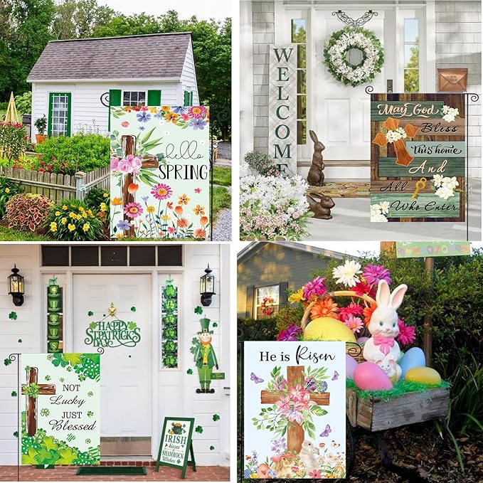 Christian Seasonal Garden Flags Set of 12 Double Sided 12 x 18 Inch Cross Yard Flags, Small Flags for Outside, Fall Winter Easter Christmas Outdoor Flags, Holiday Garden Flags for All Seasons ﻿
