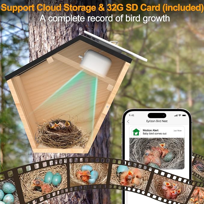 Smart Bird House with Camera Solar Powered,Bird Nesting Box Watching Wireless Camera for Bluebird,5MP Full Color IR Night Vision,2.4G WiFi APP Controlled Auto Notification,Ideal Gift for Bird Lovers
