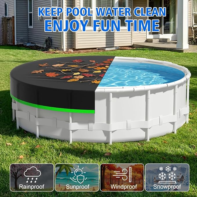 15ft Round Pool Cover, 420D Heavy Duty Above Ground Pool Cover with Sturdy Strap Ratchet Tensioner & Reflective Handles, Enhance Windproof, Side Seamless Tear Resistant, Weather Protection