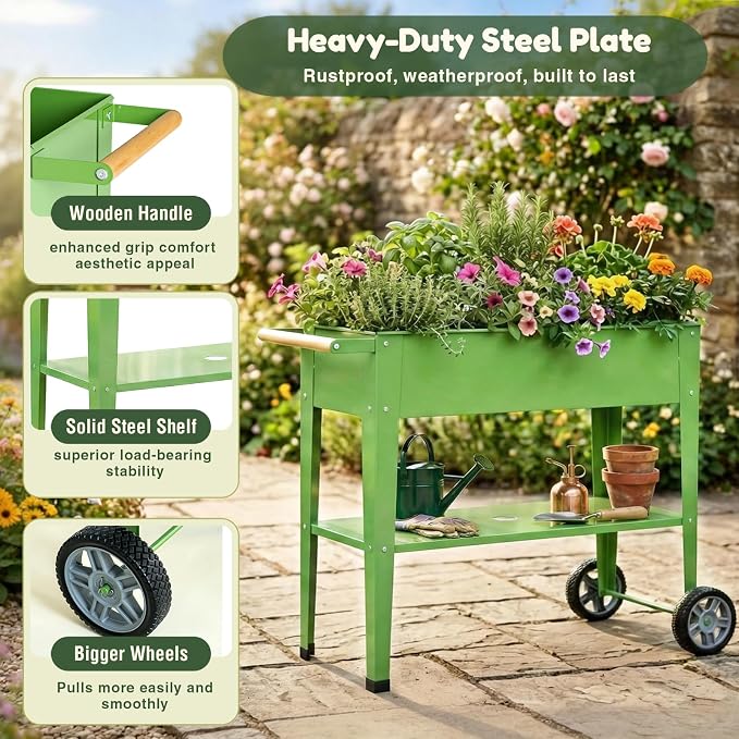 Raised Garden Bed Outdoor with Wheels, Leg and Wooden Handle, 36.2x13.4x32.3in, 400lb Cap, Metal Elevated Raised Planter Box for Herb, Vegetable, Perfect for Backyard, Balcony, Grass Green