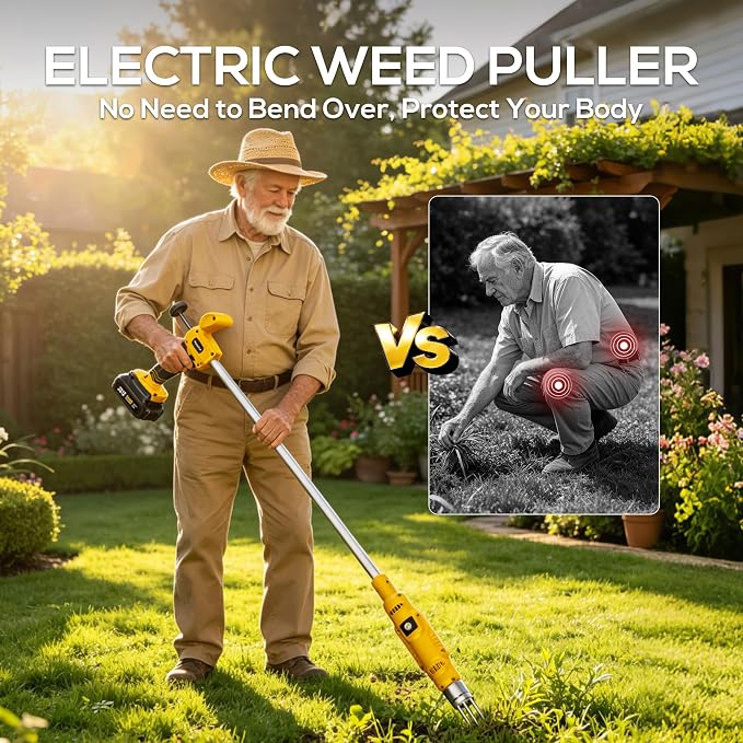 LITEKON Electric Cordless Weed Puller Tool, 20V Battery Powered Stand Up Weeder with 2.0Ah Battery & Fast Charger, Puller Tool with Long Handle, Crabgrass Piller& Dandelion Remover for Garden, Yellow