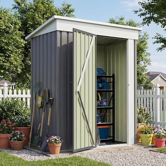 Patiowell 5x3 FT Outdoor Storage Shed with Floor Frame, Small Metal Garden Sheds with Sloping Roof and Lockable Door, Waterproof Patio Tool Shed for Backyard Garden Lawn, Gray