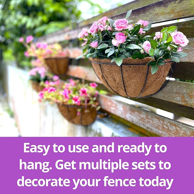 LalaGreen Bundle - 14" x 2 Pack + 14" 2 Pack Hanging Flower Baskets with Coco Liner in Two Different Designs Herb Pot Holder Rail Planter Outside Railing Deck Vertical Garden Wire Pots
