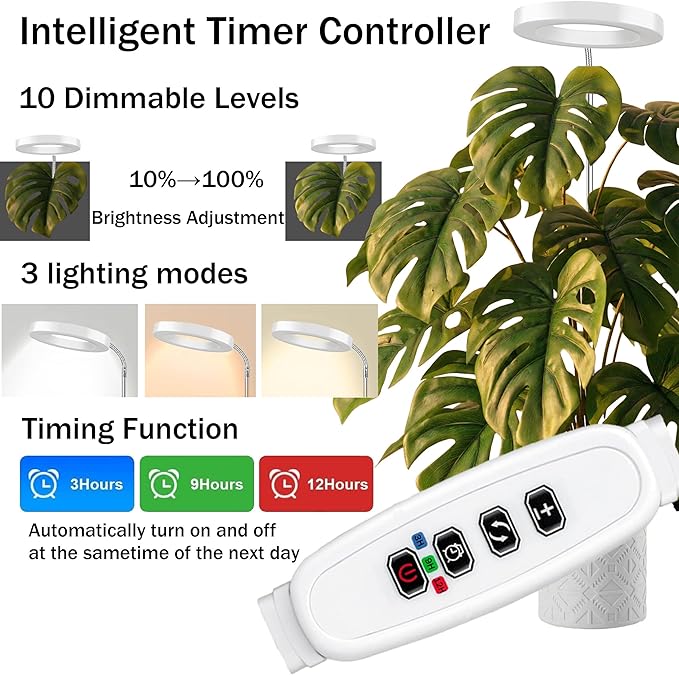 Grow Light for Indoor Plants, 6.3" Full Spectrum LED Plant Grow Light, 11.8-63in Height Adjustable Growing Lamp with Auto Timer 3H/9H/12H, 10 Dimmable Levels (White 2 Pack)