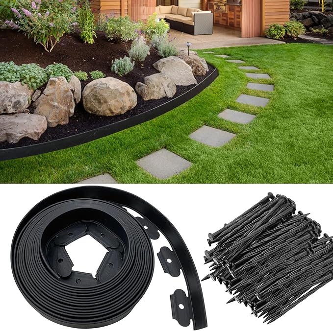 Garden Edging Border 33ft, 2in Tall Plastic Straight Top Lawn Edging Landscaping Edging Kit with 50pcs Spikes for Paver Edging, Grass Edging, Flower Beds, Yard, Black