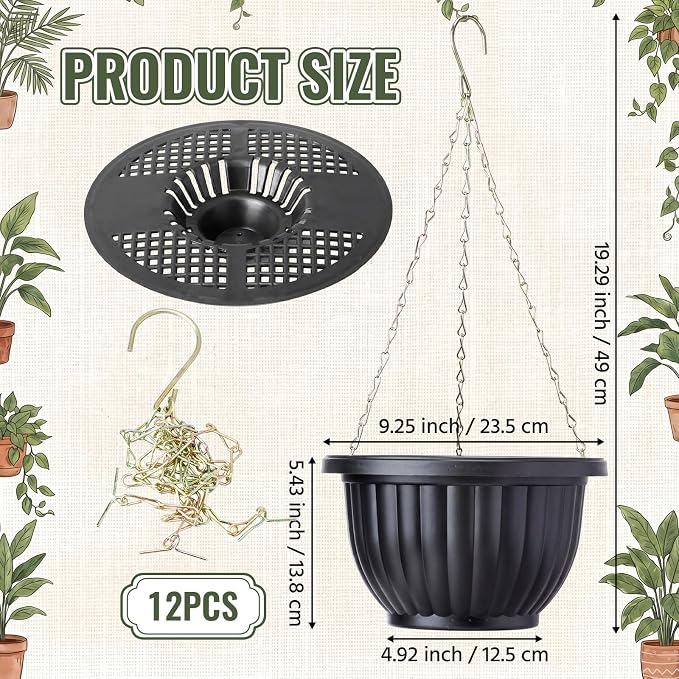 12 Sets Hanging Planters for Indoor and Outdoor Plants Self Watering Hanging Basket Flower Pots Plastic Plant Pots with Drainage Hole and Absorbing Tray(Black,10 Inch)
