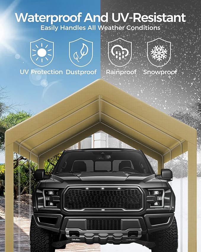 Heavy Duty 12x20FT Carport Replacement Canopy Cover, Waterproof UV Protected Tarp Replacement Top for Carport Frame with Ball Bungees, Car Garage Shelter (Khaki, Top Cover Only)