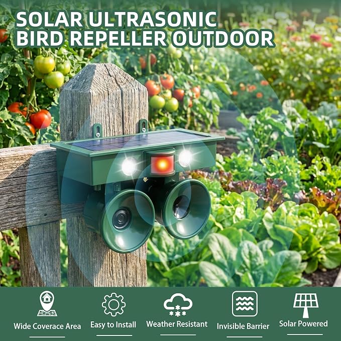 2026 New Ultrasonic Bird Repeller Solar Powered Outdoor Motion Activated Bird Pigeon Deterrents for Outside IP65 Woodpecker Goose Repellent Devices for Rooftops Porch Patio Balconies