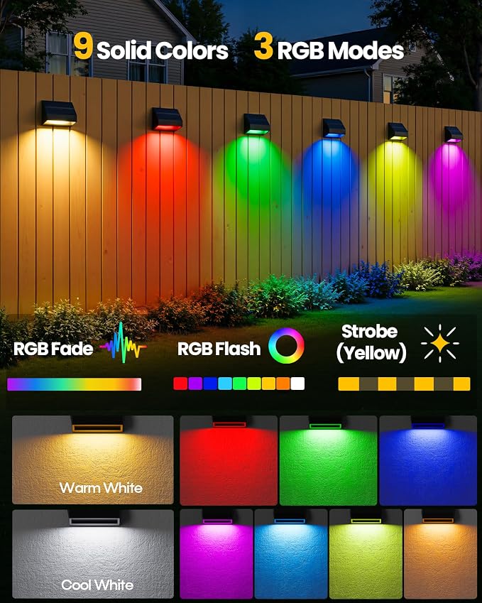 Bridika Solar Fence Lights with Remote, 8 Pack Bright 100 Lumen Fence Lights Solar Powered, 9 Colors&3 Modes, 1500 mAh Solar Wall Lights Outdoor IP65 Waterproof for Backyard, Deck, Patio, Garden