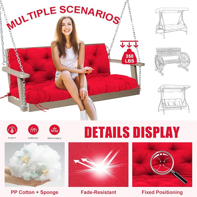 Porch Swing Cushions Outdoor 70 inch x 40 Waterproof Swing Cushions 3 Seater Replacement with Backrest & 8 Ties 5" Thick Bench Swing Cushions for Outdoor Furniture Patio(Red)