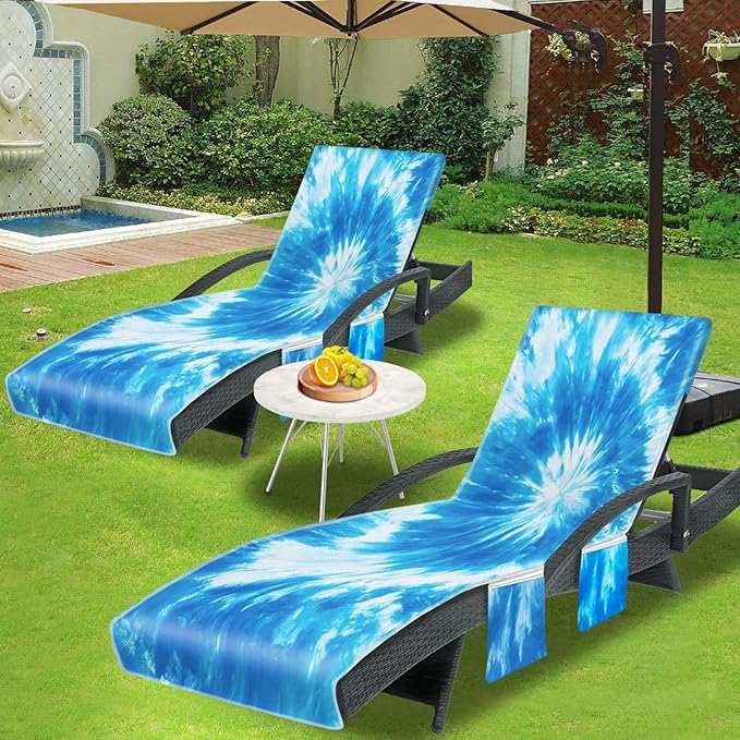 Lounge Chair Towel Cover (Pack of 2), Tie Dye Style Chaise Lounge Cover, Beach Chair Covers with Pockets for Pool Beach Garden Courtyard Outdoor Trips, 85 x30 in, Lake Blue