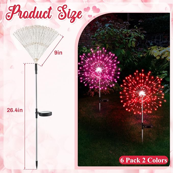 Tujoe 6 Pcs 4th of July Solar Firework Lights Patriotic Solar Light Outdoor Garden 120 LED 8 Modes Waterproof LED Sparkler Light for 250th Anniversary Patio Yard Pathway Walkway (Red,Pink)