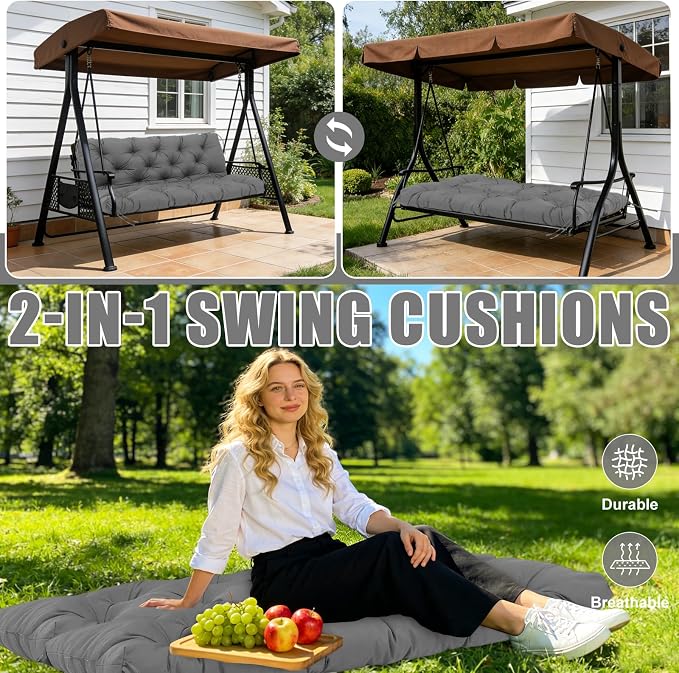 Porch Swing Cushions 60 inch Waterproof & Fade Resistant Thicken 5" Outdoor Swing Cushions 3 Seater Replacement with Backrest & Ties Patio Swing Cushions for Outdoor Furniture (Dark Gray)
