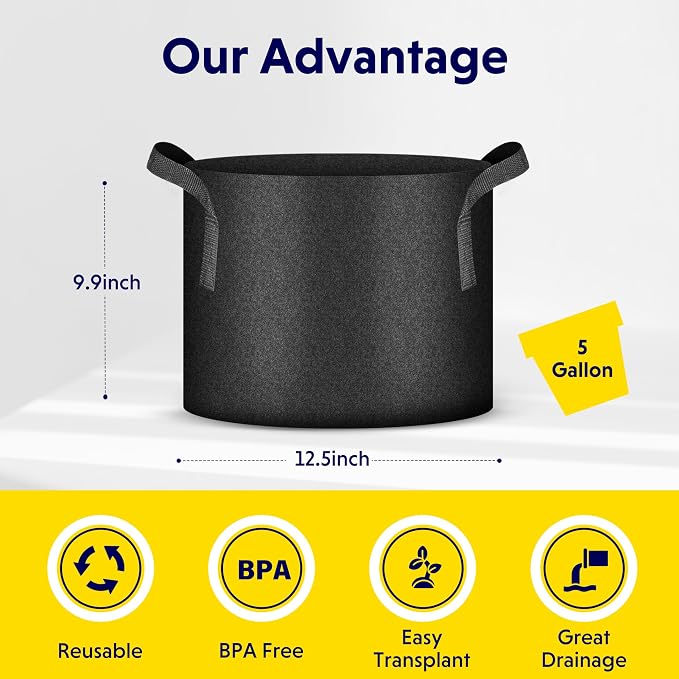iPower 5-Pack 5 Gallon Thickened Grow Bags Nonwoven Fabric Pots Aeration Container with Strap Handles for Garden and Planting, Black