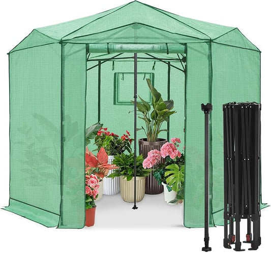 EAGLE PEAK 8.5x8.5 Portable Walk in Greenhouse, Pop Up Indoor Outdoor Greenhouse, Green House Kit with Zippered Roll-Up Doors and Windows, Hexagon Design, PE Cover, Clear/Green