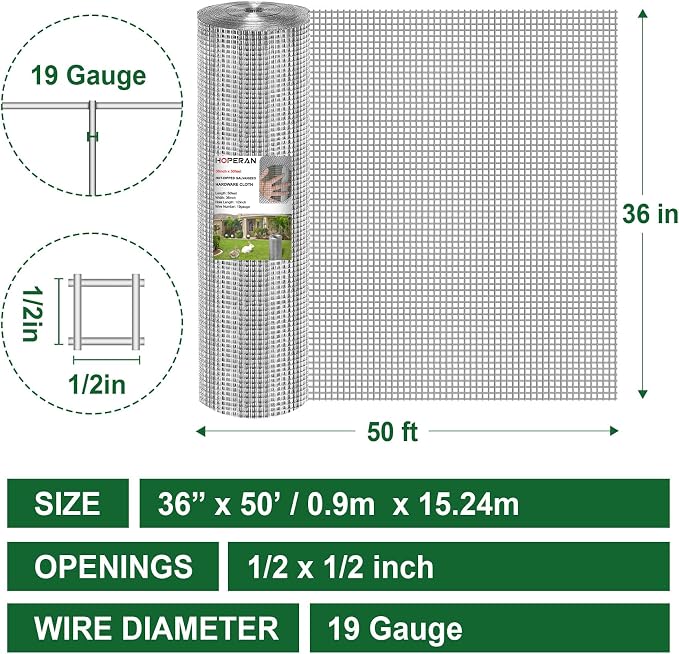 HOPERAN Hardware Cloth 1/2 Inch 36 x 50 ft - 19 Gauge Chicken Wire Fencing Mesh, Hot Dipped Galvanized After Welding, Wire Fence Rolls for Garden Fencing, Gopher Wire Rabbit Wire Poultry Netting