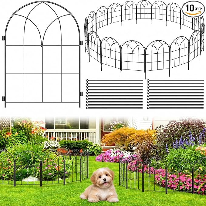 Decorative Garden Fence, 10 Panels, 16.5 in H x 10.5 ft L, No Dig Metal Border Edging for Flower Beds, Yard and Patio, Black Outdoor Barrier for Rabbits and Small Dogs