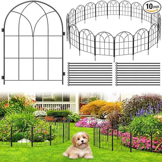 Decorative Garden Fence, Large 10 Panels 31.9 in H x 24.1 ft L, No Dig Metal Animal Barrier with Stakes for Dogs Rabbits, Flower Beds Yard Patio, Black