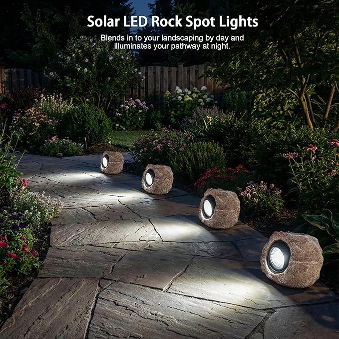 VISFLAIR Solar Rock Lights, 4 Pack Solar Powered Waterproof LED Spotlights Decorative for Outdoor Garden, Pathway, Walkway, Yard, Landscape, Patio (Cool White)