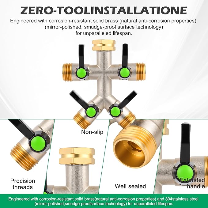 Love Is War 4 Way Hose Splitter, High-Flow Heavy Brass Garden Hose Splitter,4 Way Faucet Hose Splitter, 3/4", Hose Spigot Adapter With 4 Valves