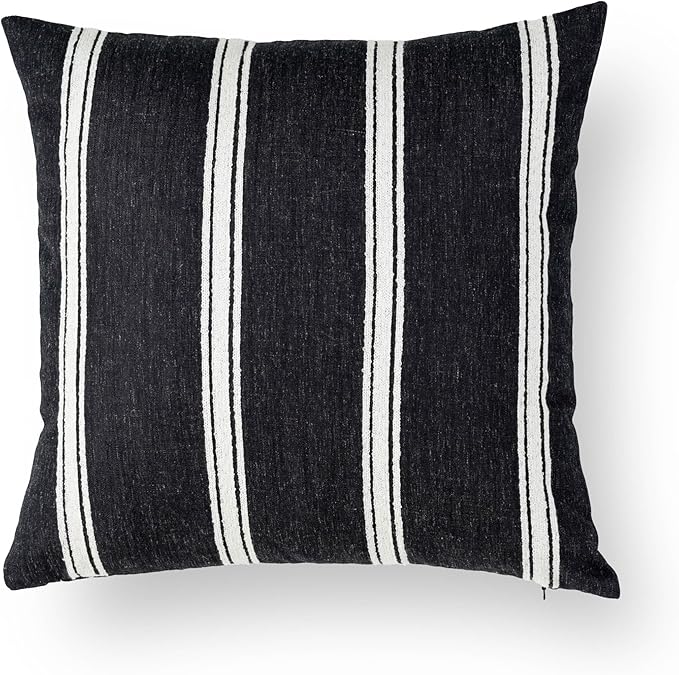 Crumbs Home Modern Farmhouse Fall Linen Indoor Outdoor Throw Pillow Cover Only, 20"x20" Water Repellent for Patio, Backyard, Couch, Black Neutral Embroidered Stripes