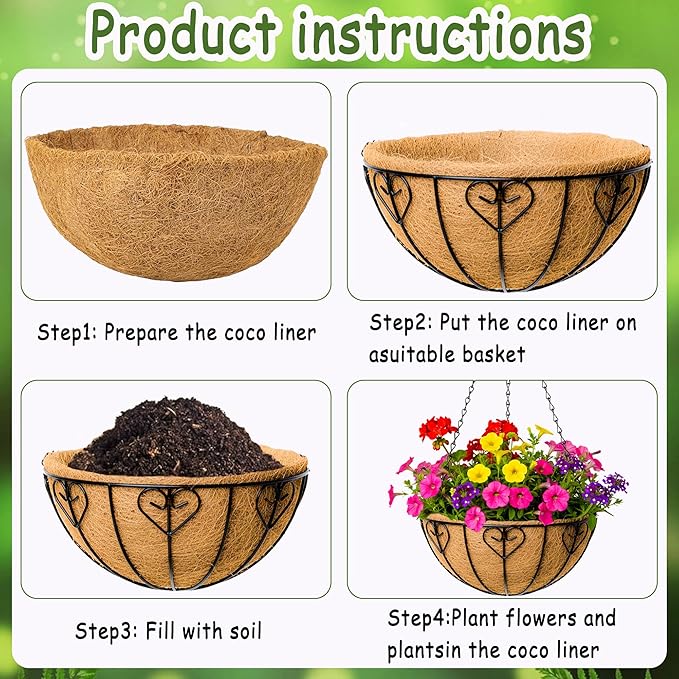 4pcs 16 inch Metal Hanging Baskets Round Wire Plant Stand with Coco Lining Cushion Decorative Planter Hanger Garden Indoor Outdoor Watering Hanging Basket （AX）