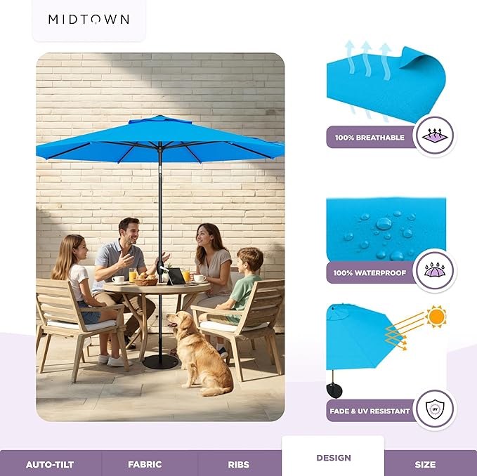 Midtown Umbrellas - 10-Year-No-Fade 10FT Patio Umbrella with Terylast Fabric, Auto-Tilt Aluminum Frame and 8 Reinforced Ribs for Deck, Pool, Garden & Beach - Cobalt Blue Canopy, Black Pole