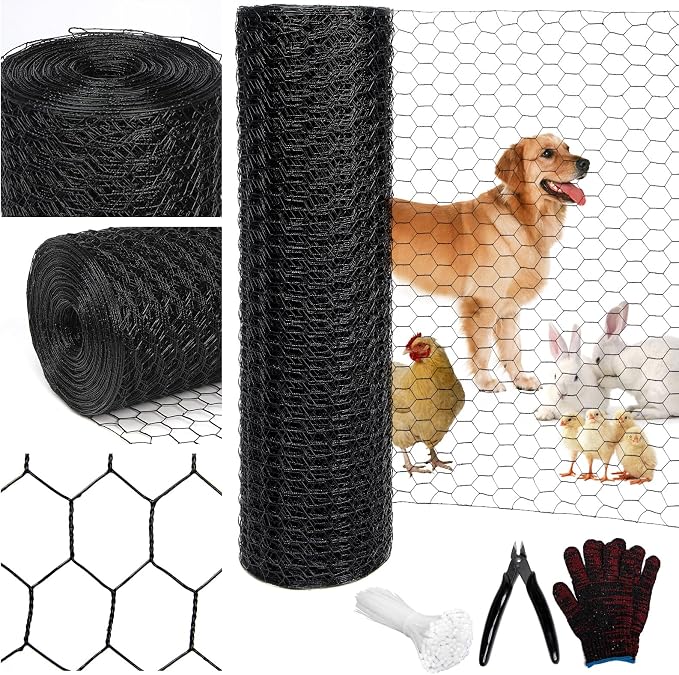 Black 19GA Chicken Wire 60inx150ft, Chicken Wire Fencing, Garden Fence, Metal Poultry Wire Netting, Galvanized PVC Coated Mesh for Animal/Rabbit/Floral/Chicken Coop/DIY Projects.