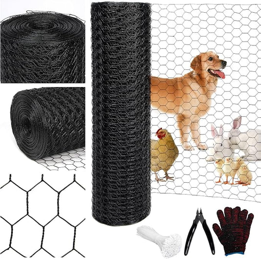 Black 19GA Chicken Wire 36inx150ft, Chicken Wire Fencing, Garden Fence, Metal Poultry Wire Netting, Galvanized PVC Coated Mesh for Animal/Rabbit/Floral/Chicken Coop/DIY Projects.