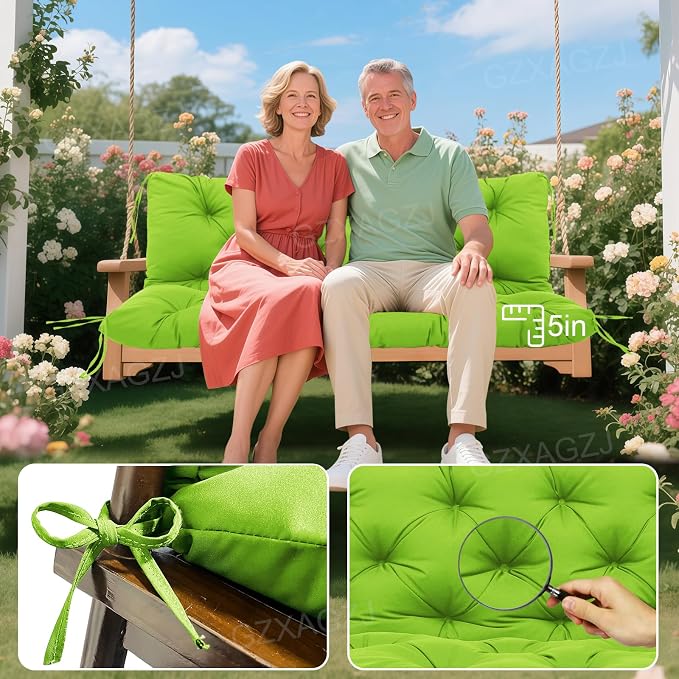 Porch Swing Cushions Outdoor 48 inch Waterproof Extra Thick 5" Swing Cushions Replacement with Backrest and Ties for Outdoor Furniture Porch Patio Garden Lawn (Green)