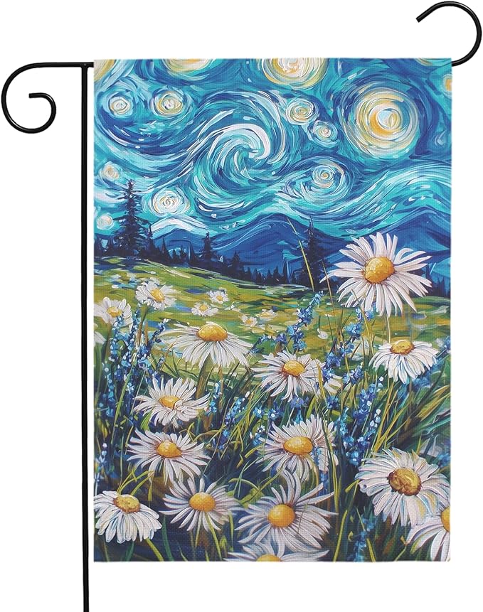 Spring Daisy Garden Flag Starry Night Van Gogh Style Yard Flags Vibrant Floral Meadow Landscape Seasonal Welcome House Banners for Summer Patio Lawn Porch Farmhouse Outdoor Decor 12x18 Inch