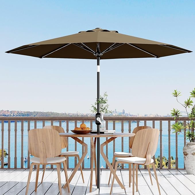 Garvee 9 ft Patio Umbrella - 8 Sturdy Ribs Outdoor Table Umbrella with Crank Lift & Push Button Tilt - Market Umbrella for Pool, Deck, Yard, Garden - Taupe