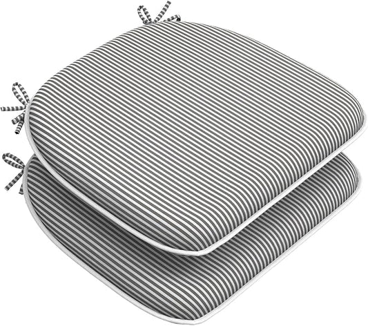 DYTXIII Set of 2 Outdoor Chair Cushions with Ties,Water Repellent Patio Chair Pads 17"x 16" for Outdoor Furniture,Round Corner Seat Cushions for Garden Yard Kitchen Stripe Gray