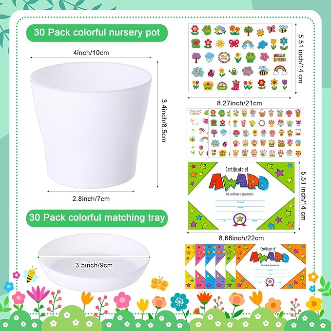 Domensi 30 Pack Garden Pot Craft Kit 4 Inch DIY Hello Spring Crafts for Kids Bulk Plastic Flower Plant Pot Plastic Planter with Tray Drainage Holes with Tag, Certificate of Award, Sticker