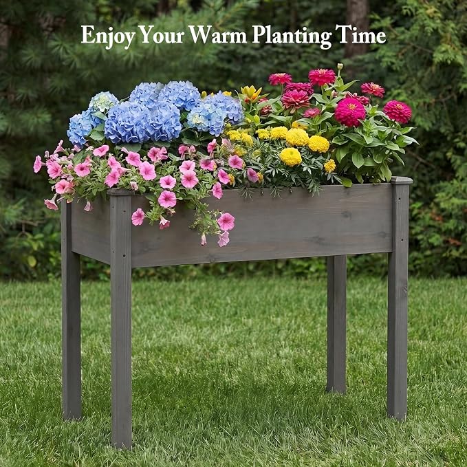 DUMOS Raised Garden Bed 48x24x30 Inch, Outdoor Planter Box with Legs, Elevated Wood Garden Bed with Liner for Herbs Flowers Vegetables, Wooden Planter Box for Patio, Balcony and Backyard, Grey