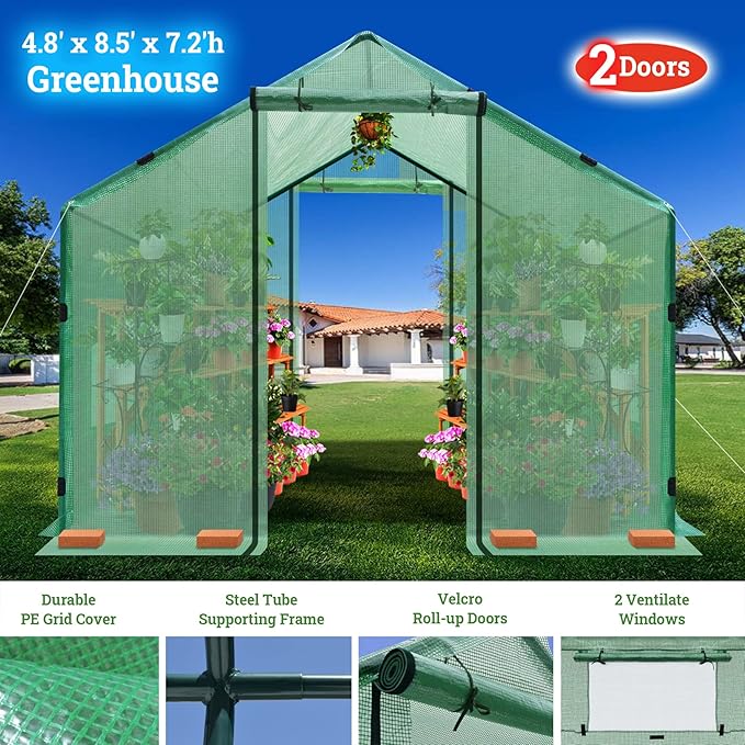 BenefitUSA 4.8x8.5x7.2'H Large Walk-in Peak Roof Greenhouse with 2 Zipper Doors & Windows (Green)