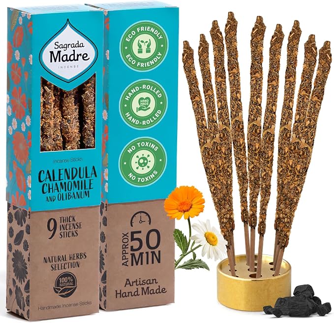 Sagrada Madre Chamomile Incense Sticks - 9 Extra Long Rods for Abundance, Peace, Love & Protection - Infused with Natural Calendula, Frankincense & Essential Oils - 50-Minute Burn Time for Meditation
