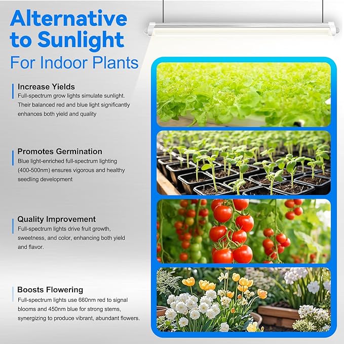 JESLED Waterproof Grow Lights for Indoor Plants, 2FT Sunlight Full Spectrum 5000K LED for Seed Starting, Seedling & Vegetables, 48W(2 X 24W,300W Equiv), Linkable Grow Light Strip with Switch, 2P